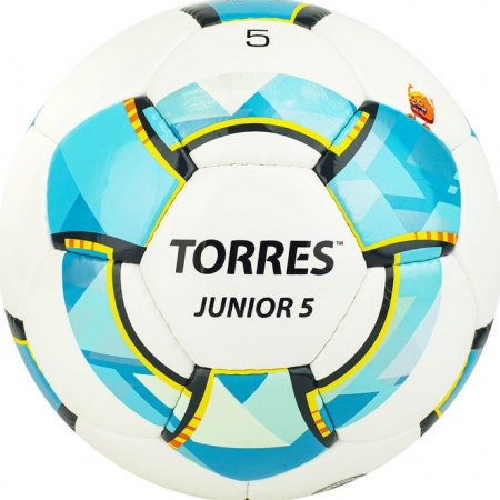 Мяч футб. "TORRES Junior-5" арт.F320225, р.5, вес 390-410 г,глянц.ПУ,3 сл,32 п, руч.сш,бел-гол-сер
