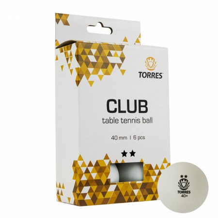 Мяч для наст. тенниса TORRES Club 2*, TT21014, диам. 40+мм, упак. 6 шт, белый