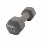Гантель TORRES 3 кг, PL55013, металл в неопреновой оболочке, форма шестигранник, серый