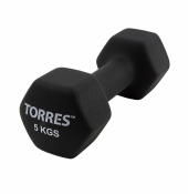 Гантель TORRES 5 кг, PL55015, металл в неопреновой оболочке, форма шестигранник, черный